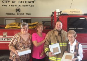 The Lakewood Garden Club delivered cookies baked by the Kilgore Center to the firefighters at Station 5 on Bayway in appreciation of their service to the Lakewood neighborhood. George Hasbrouck accepted the delivery on behalf of of the crew who were on a call at the time. Pictured are Charlene Sharp,Jo Ann Eve, George Hasbrouck and Mary Ann Beltz.
